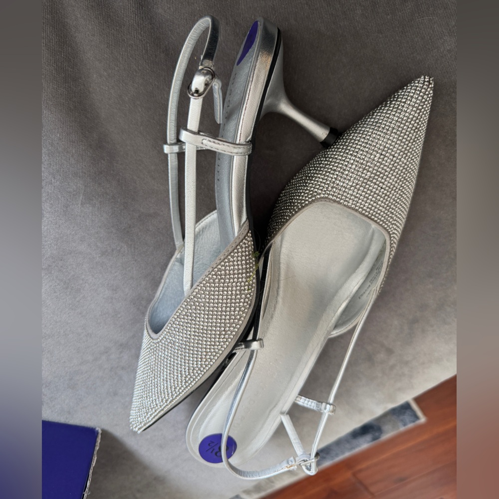 Madden Girl Silver Rhinestone Pointed Slingback Heels